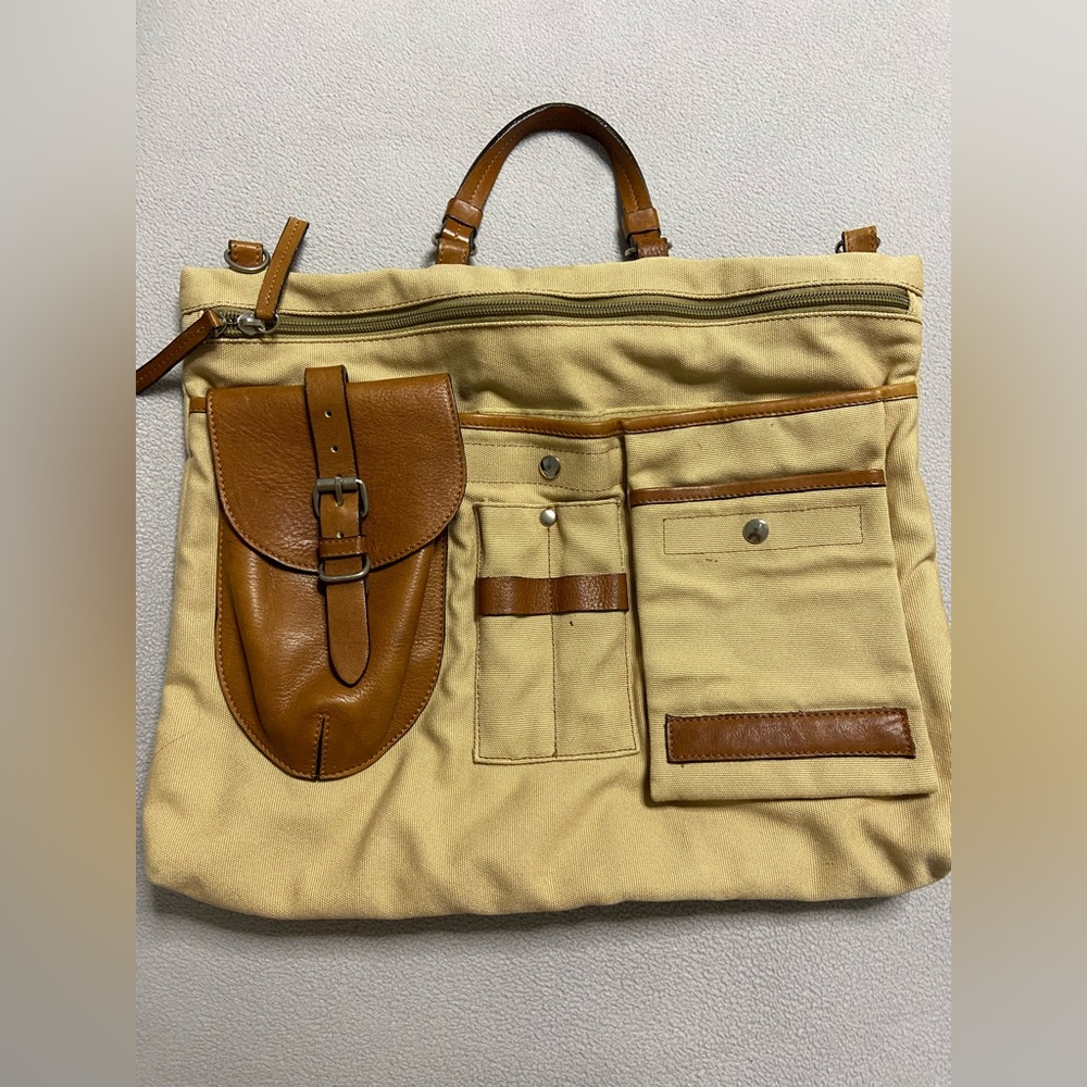 Tan Leather Trim Canvas Portfolio Laptop Bag